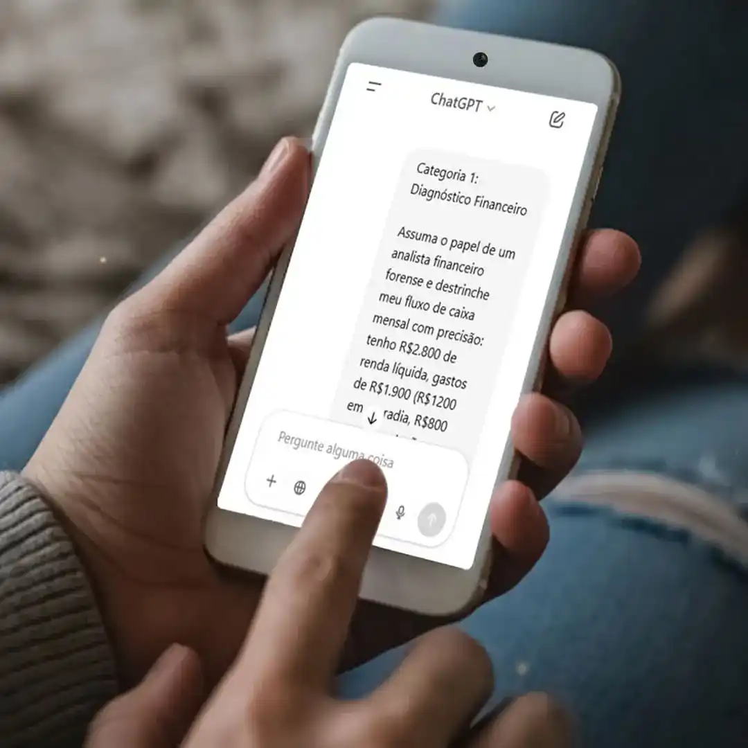 Pessoa segurando celular e interagindo com interface de IA